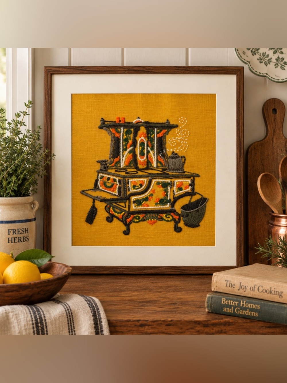 Vintage 1970s Crewel Embroidery Kitchen Stove Textile Art Mustard Folk Art